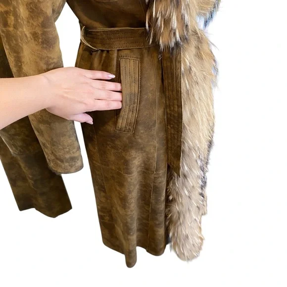 VTG Suede Penny Lane Finnraccoon & Shearling Lamb Fur Trench Coat - Picture 5 of 12